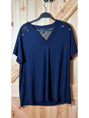 Adele & May Women's Navy Blue V-Neck Short Sleeve Blouse with Sheer Mesh Detail